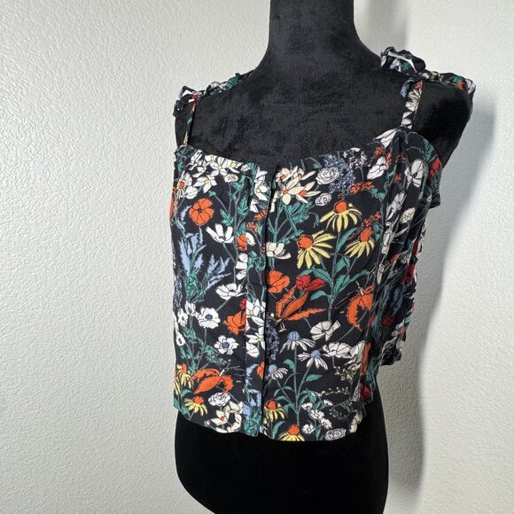 RVCA Womens Floral Print Button Down Crop Top Black Multicolor Size L - Picture 1 of 7
